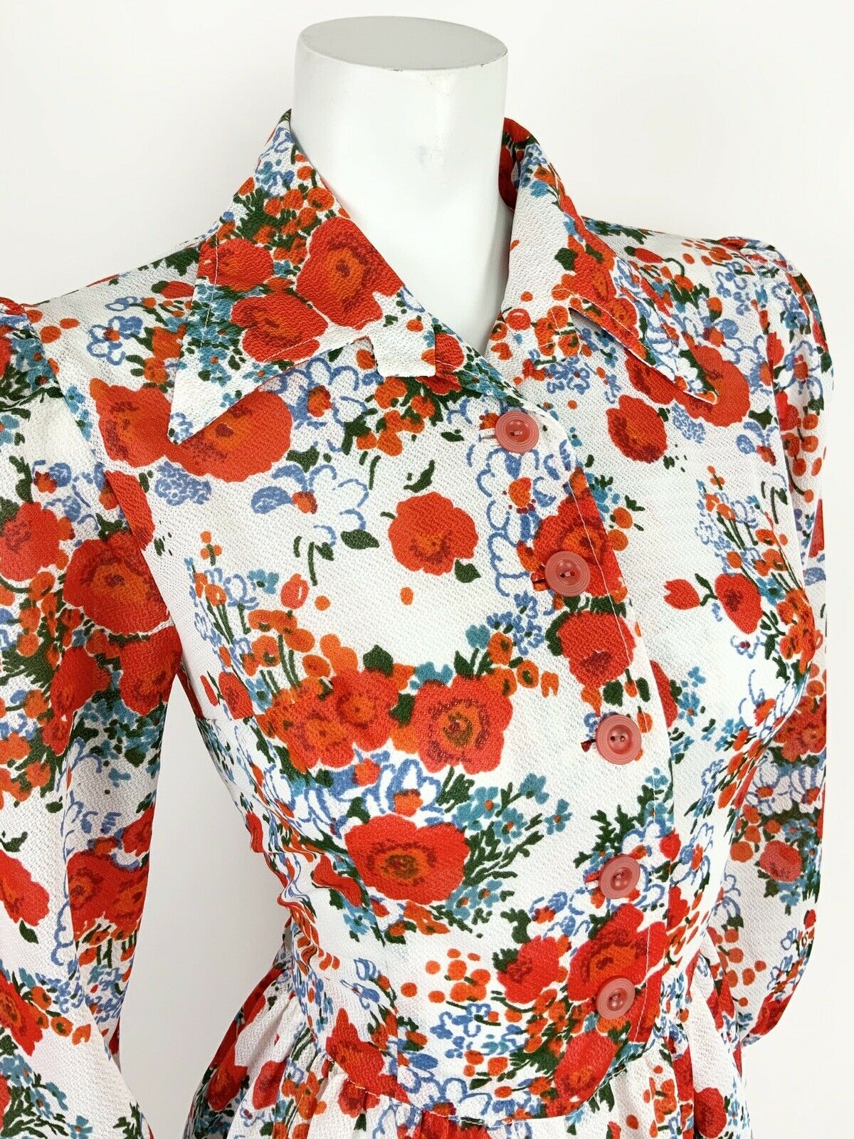 VINTAGE 60s 70s WHITE BLUE GREEN RED FLORAL POPPY DAGGER SHIRT DRESS 10