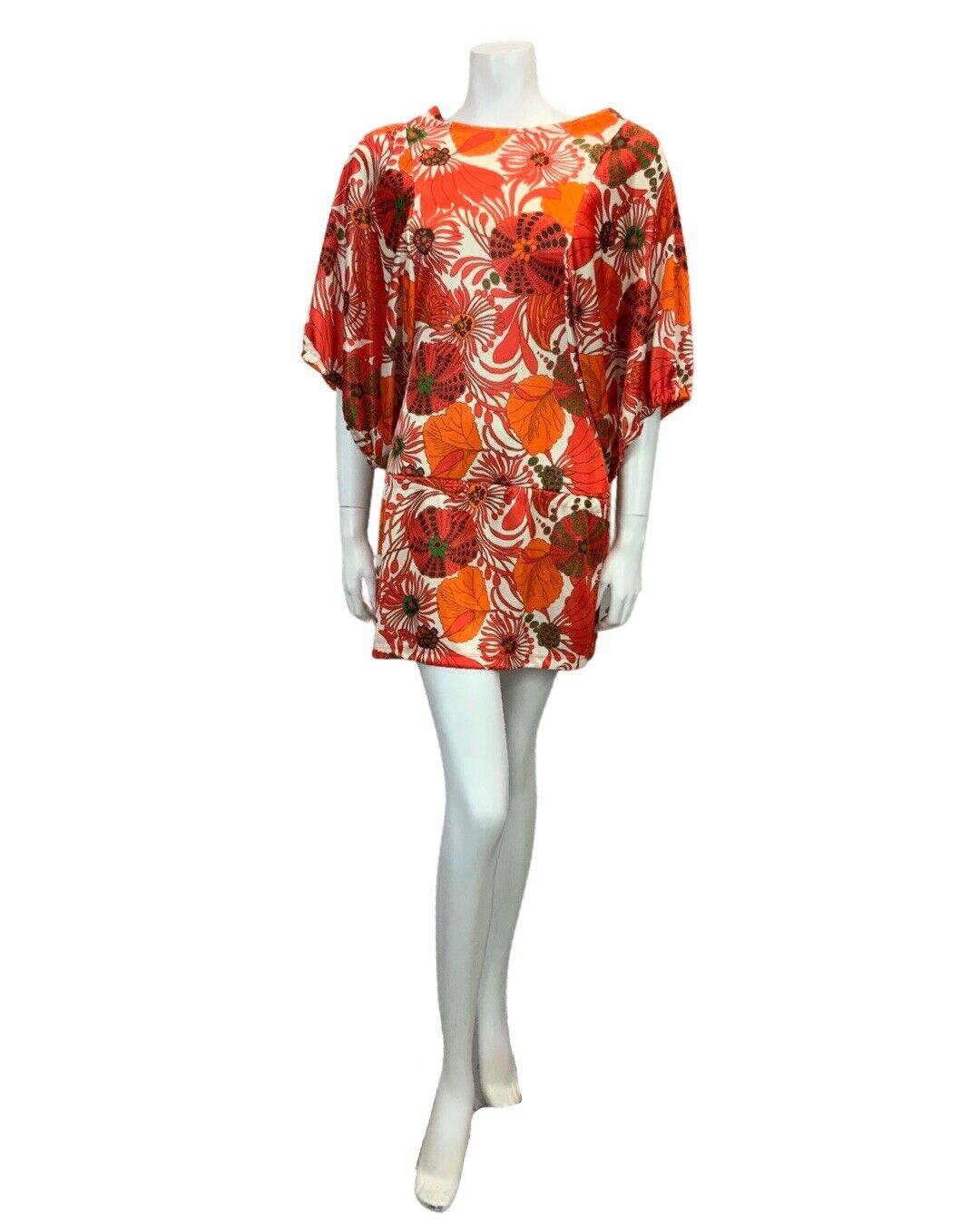 VTG 60s 70s WHITE RED ORANGE GREEN FLORAL PSYCHEDELIC BACKLESS MINI DRESS 8 10