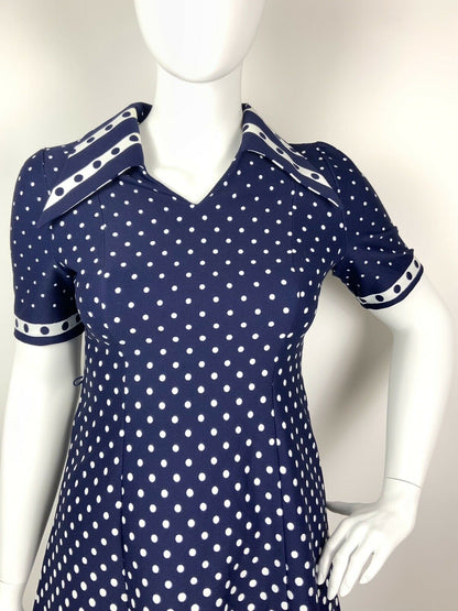 VINTAGE 60s 70s NAVY BLUE WHITE POLKA DOT DAGGER WING COLLAR FLARED DRESS 16