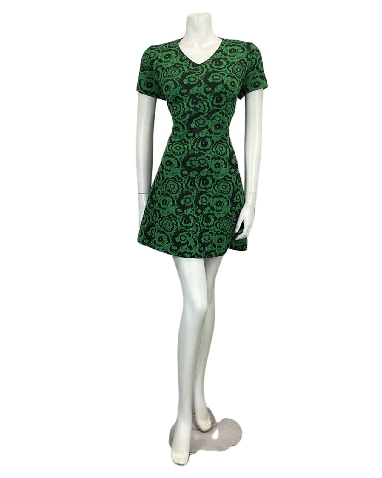 VINTAGE 60s 70s BLACK GREEN FLORAL PATTERN MINI MOD DRESS 16