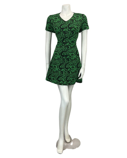 VINTAGE 60s 70s BLACK GREEN FLORAL PATTERN MINI MOD DRESS 16