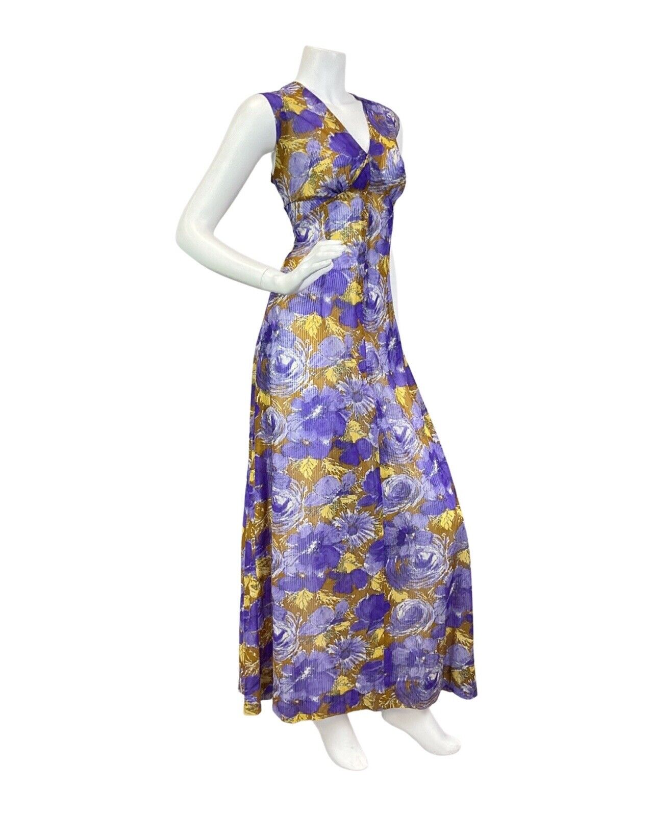 VINTAGE 60s 70s PURPLE YELLOW BROWN PSYCHEDELIC FLORAL SLEEVELESS MAXI DRESS 14