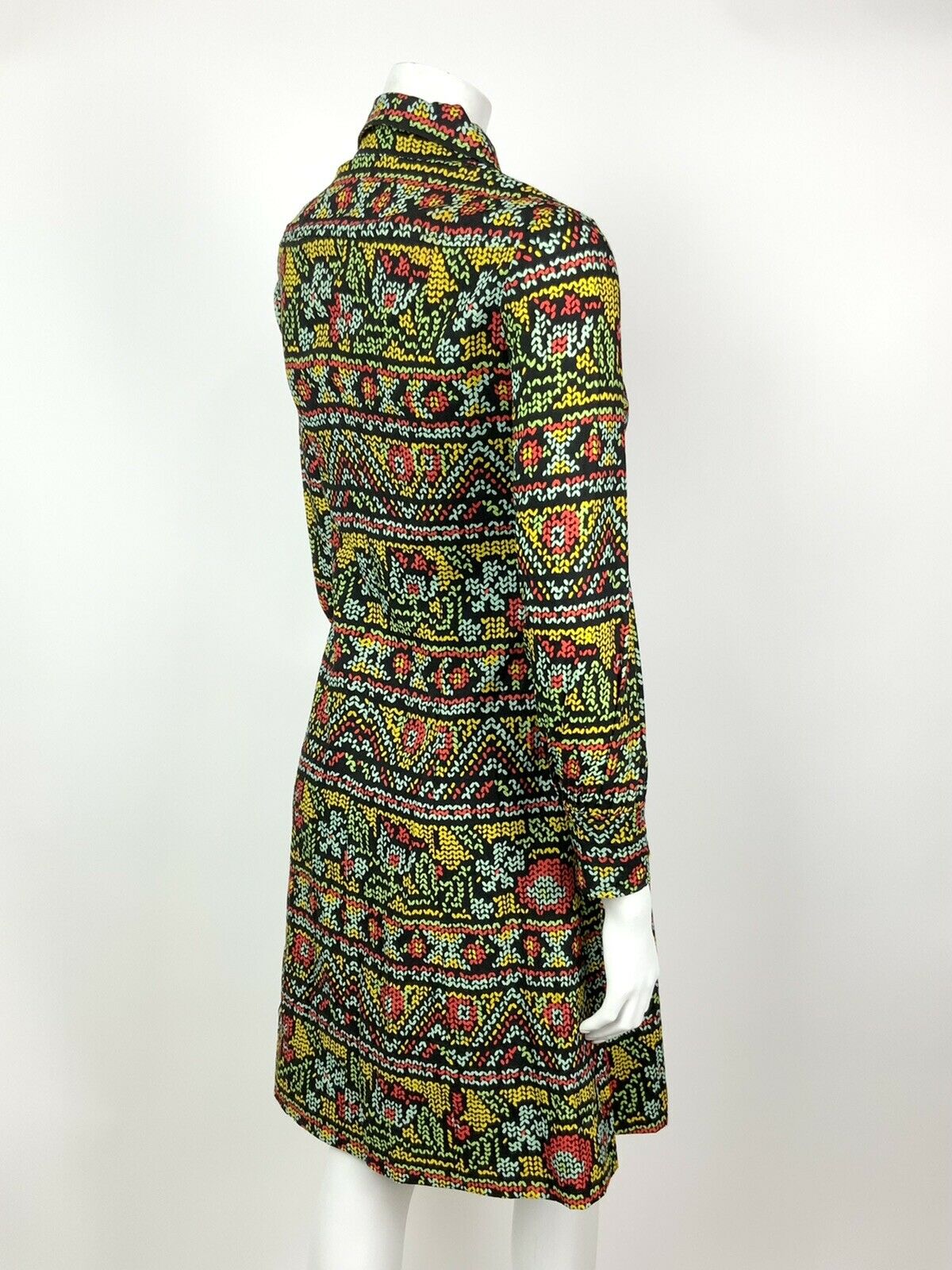 VTG 60 70s BLACK BLUE YELLOW RED FLORAL AZTEC FOLK GYPSY DAGGER SHIRT DRESS 8 10