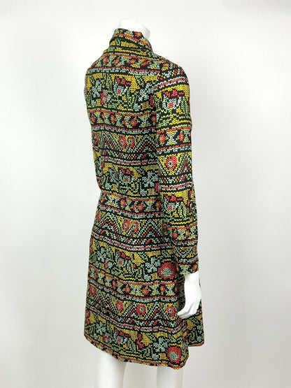 VTG 60 70s BLACK BLUE YELLOW RED FLORAL AZTEC FOLK GYPSY DAGGER SHIRT DRESS 8 10