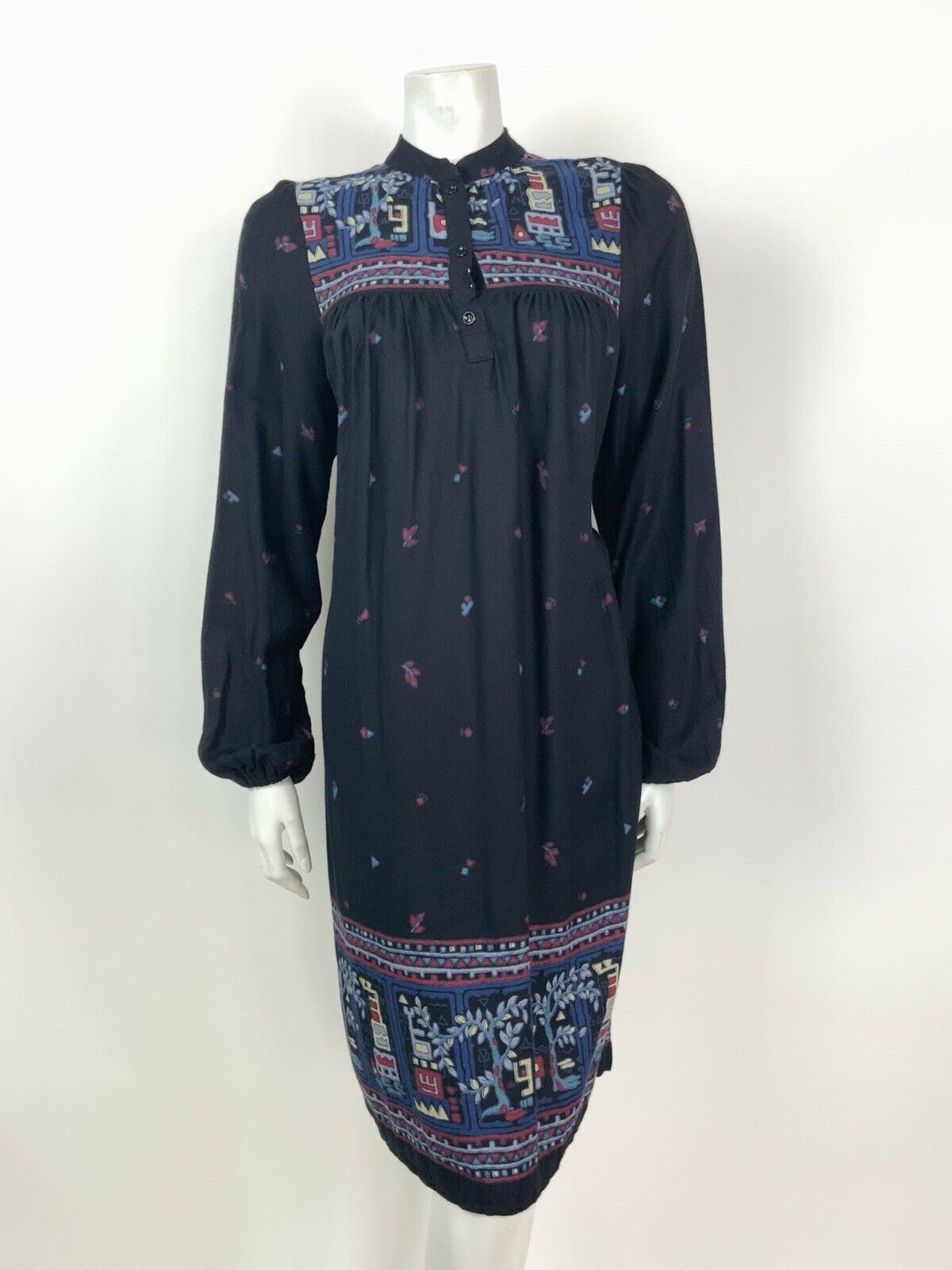 VINTAGE 60s 70s BLACK BLUE RED GEOMETRIC FLORAL KAFTAN BOHO FOLK DRESS 10 12