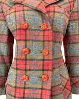 VINTAGE 60s 70s RED YELLOW BLACK CHECKED PLAIN MOD DOUBLE-BREASTED COAT 12 14