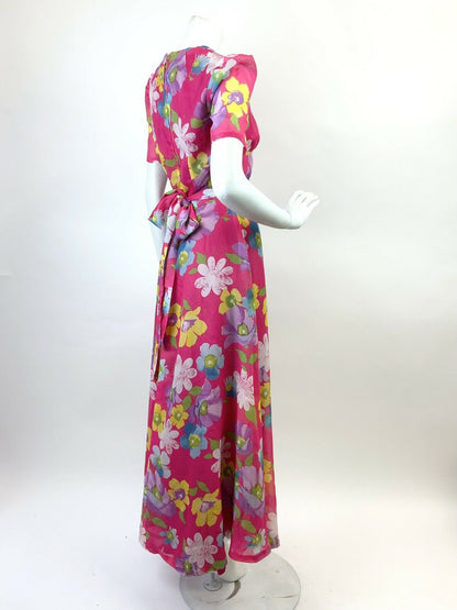 VINTAGE 60s 70s BRIGHT PINK BLUE PURPLE GREEN FLORAL SHEER FLOATY MAXI DRESS 8