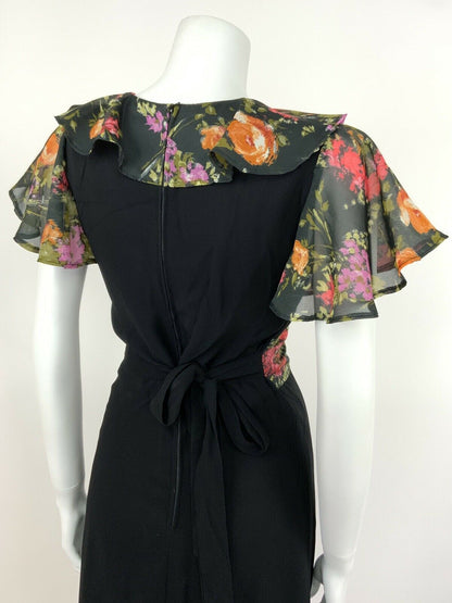 VINTAGE 60s 70s BLACK FLORAL DRESS A-LINE RUFFLE GREEN ORANGE RED 8 10