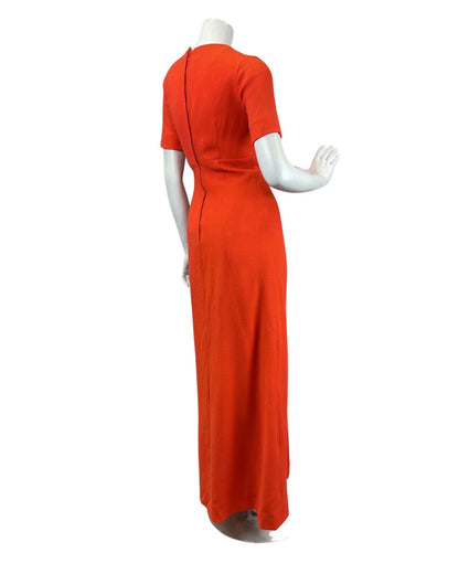 VINTAGE 60s 70s BRIGHT ORANGE MOD SHORT-SLEEVE MAXI DRESS 8