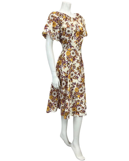 VINTAGE 60s 70s CREAM ORANGE PURPLE BROWN FLORAL PRINT BOHO MIDI DRESS 10 12