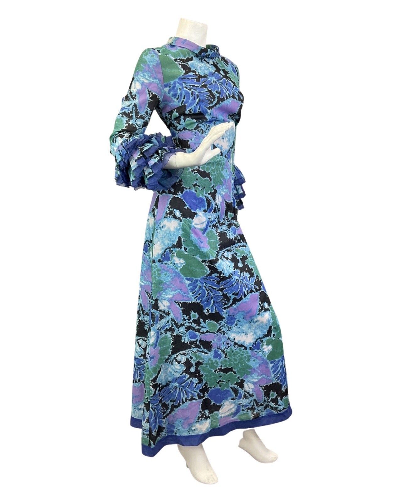 VINTAGE 60s 70s BLUE PURPLE GREEN PSYCHEDELIC FLORAL RUFFLED MAXI DRESS 10