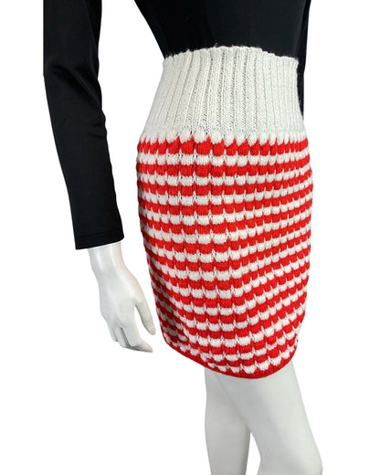 VINTAGE 60s RED WHITE STRIPED KNITTED MOD KITSCH BODYCON SKIRT 8 10