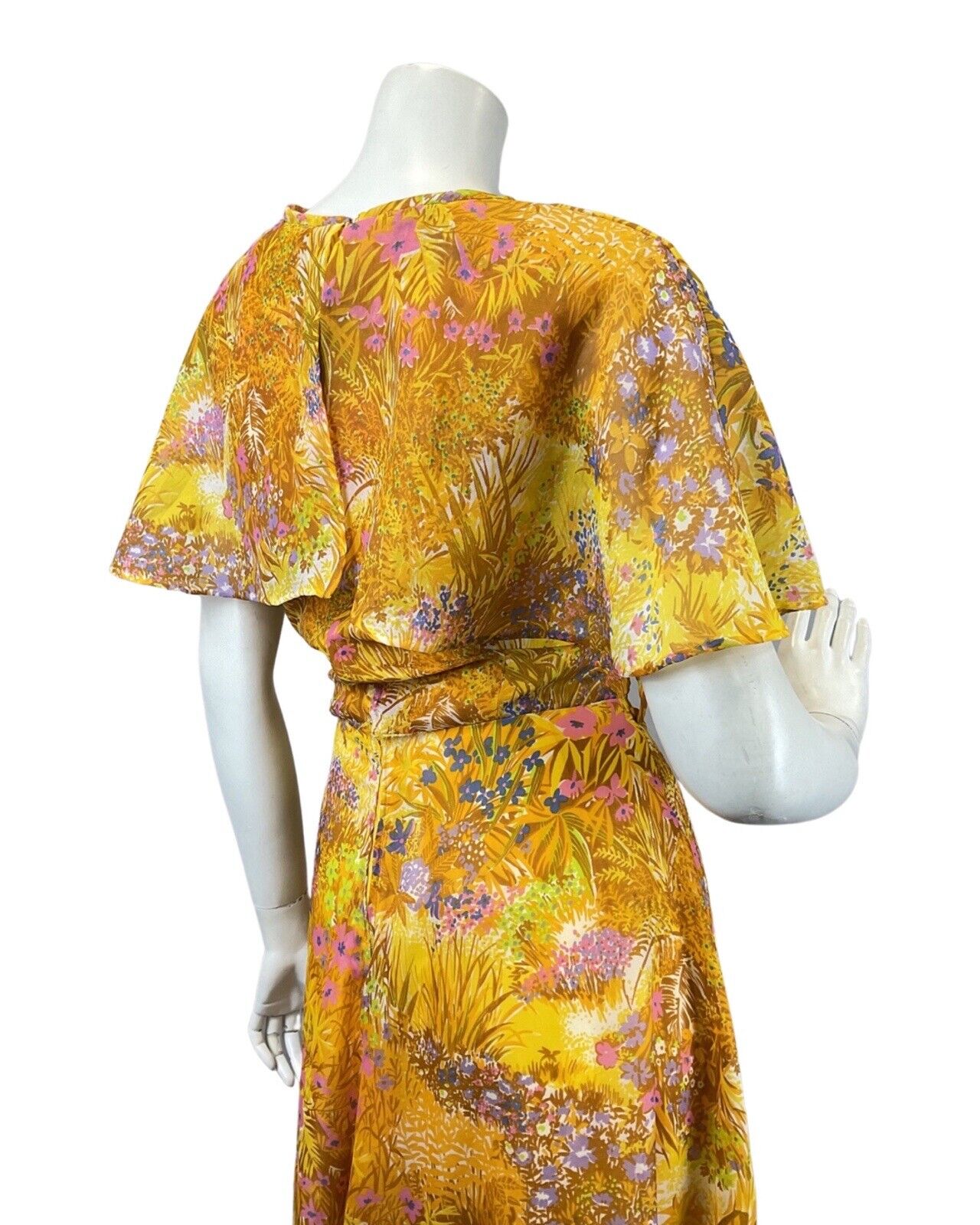 VINTAGE 60s 70s YELLOW PINK PURPLE FLORAL LEAFY PRAIRIE FLOATY MAXI DRESS 14