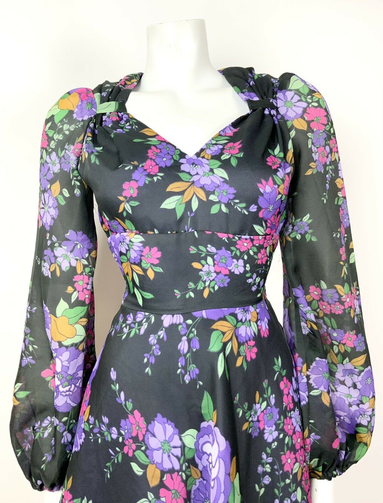 VINTAGE 60s 70s BLACK PURPLE PINK GREEN FLORAL SHEER FLOATY SWEETHEART DRESS 6 8