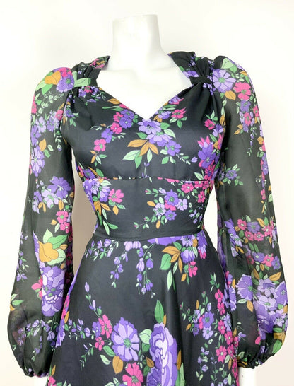 VINTAGE 60s 70s BLACK PURPLE PINK GREEN FLORAL SHEER FLOATY SWEETHEART DRESS 6 8