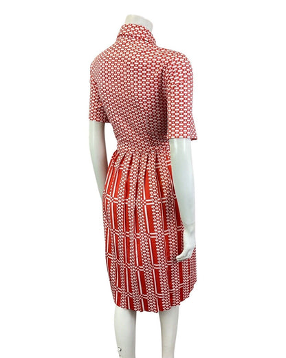 VINTAGE 60s 70s RED WHITE GEOMETRIC CHECKED MOD DAGGER COLLAR SHIRT DRESS 12 14