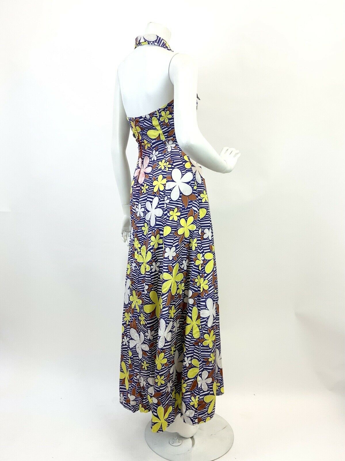 VTG 60s 70s BLUE WHITE YELLOW CHEVRON STRIPED FLORAL MOD HALTER MAXI DRESS 10