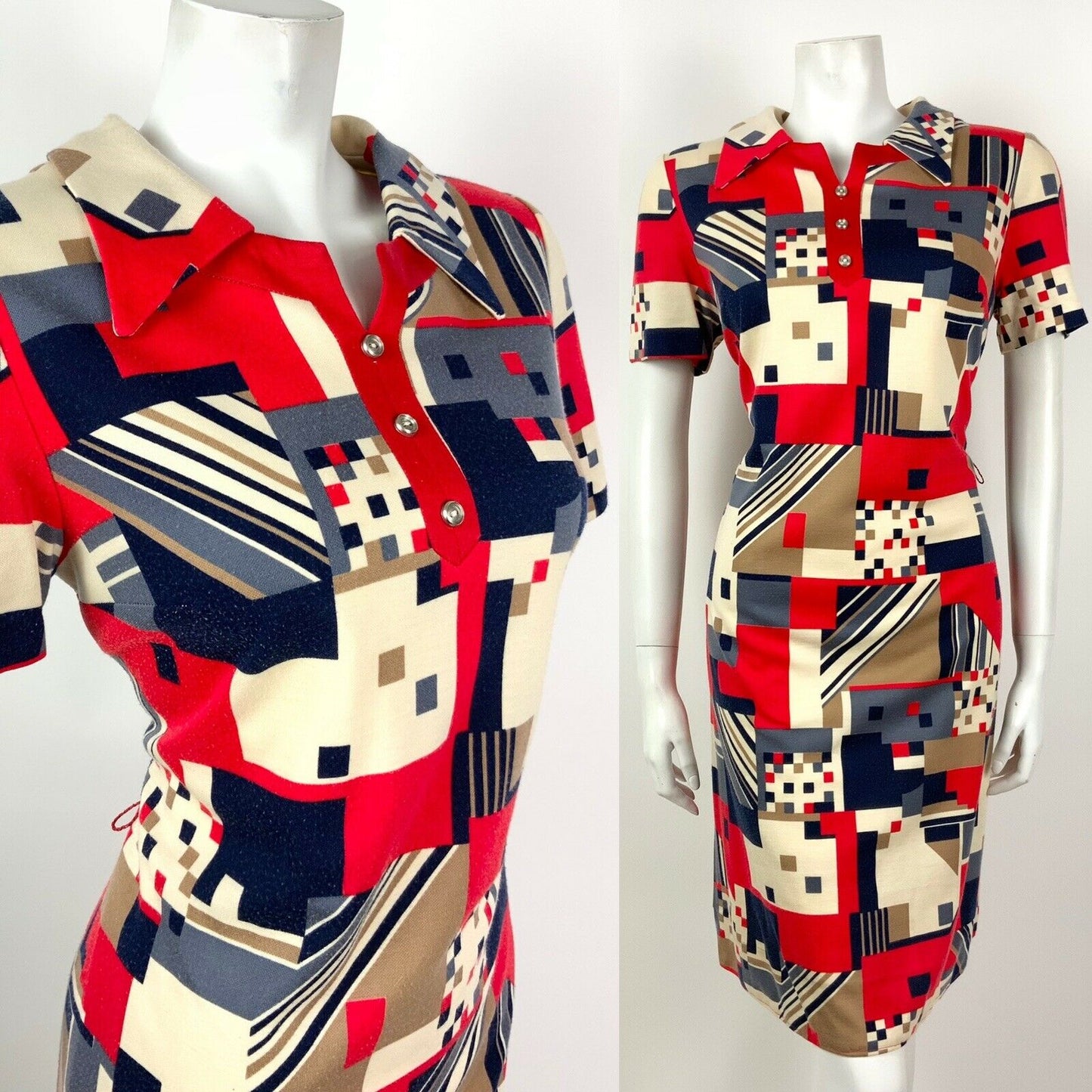 VINTAGE 60s 70s CREAM RED BLUE BROWN GEOMETRIC MOD DAGGER SHIFT DRESS 10 12