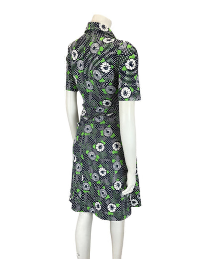 VINTAGE 60s 70s NAVY BLUE GREEN WHITE FLORAL DOTTY MOD SHIRT DRESS 12 14