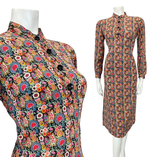 VINTAGE 60s 70s BLACK PINK GREEN PSYCHEDELIC FLORAL STRAIGHT-CUT MOD DRESS 8