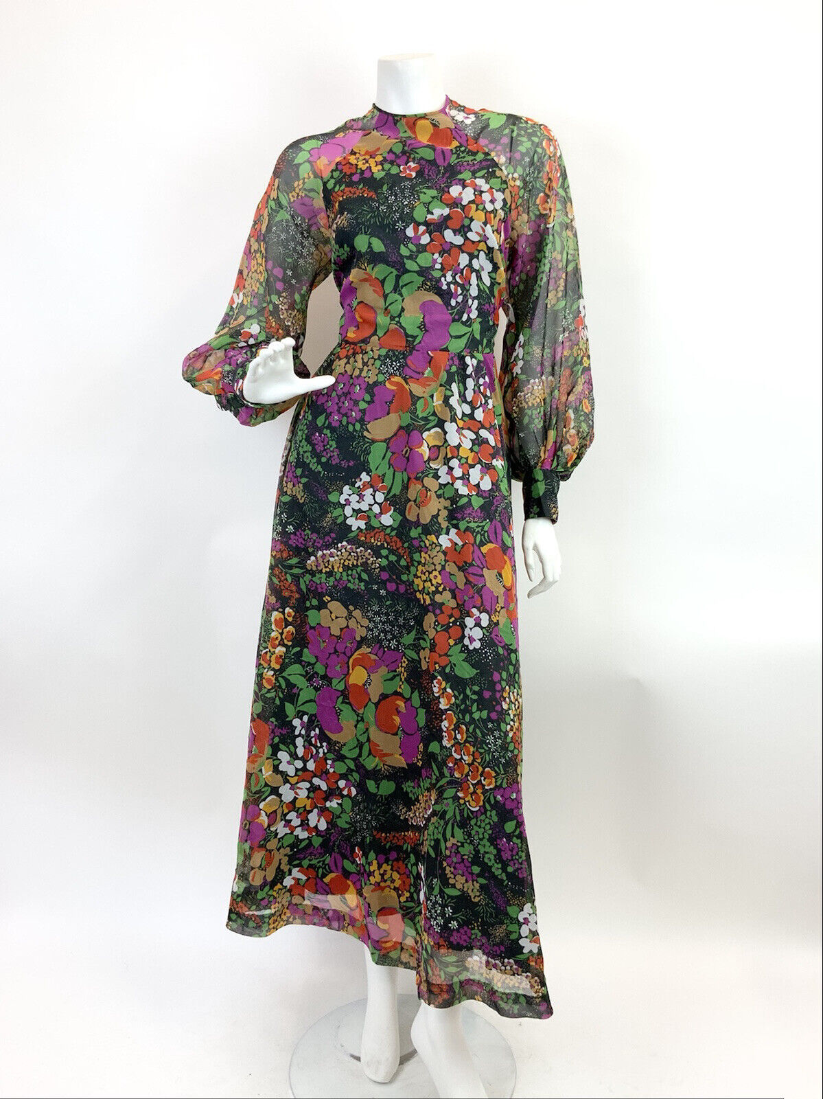 VTG 60s 70s BLACK PURPLE BEIGE FLORAL DITSY PSYCHEDELIC SHEER MAXI DRESS 8 10