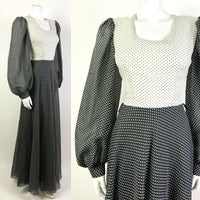 VINTAGE 60s 70s BLACK WHITE POLKA-DOT SHEER PUFF SLEEVE FLOATY MAXI DRESS 8