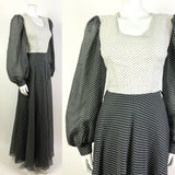 VINTAGE 60s 70s BLACK WHITE POLKA-DOT SHEER PUFF SLEEVE FLOATY MAXI DRESS 8