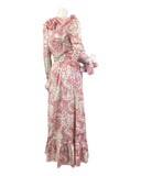 VINTAGE 60s 70s WHITE PINK RED PSYCHEDELIC PRAIRIE BOHO RUFFLED MAXI DRESS 8