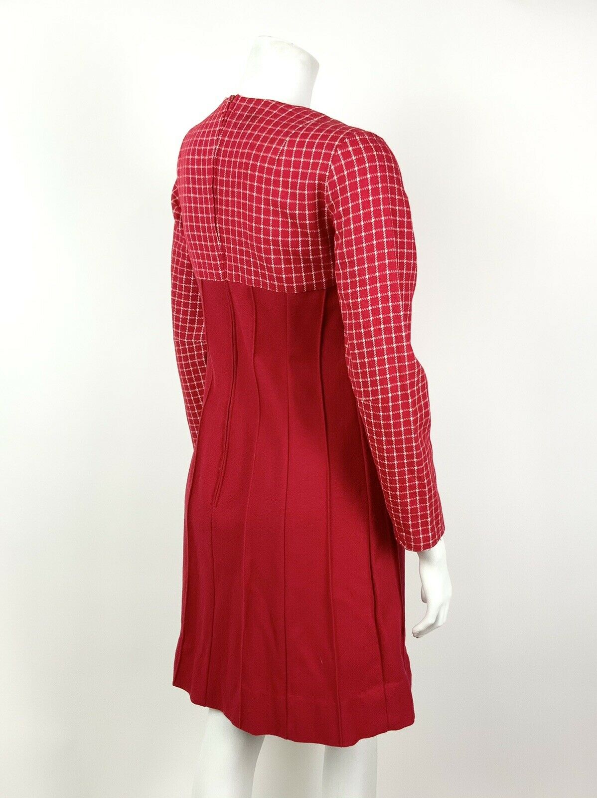 VTG 60s 70s MOD PILLARBOX RED WHITE GRID PLAID CHECKED FLARED DRESS 8 10