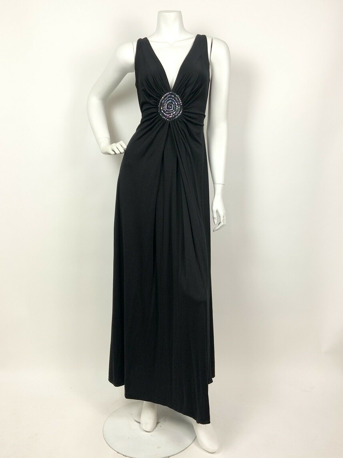 VINTAGE 60s 70s BLACK IRIDESCENT SEQUIN SPIRAL PLUNGE GLAM GOWN MAXI DRESS 6 8