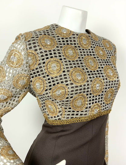 VINTAGE 60s 70s BROWN SILVER GOLD GEOMETRIC MESH PARTY DISCO MAXI DRESS 14 16