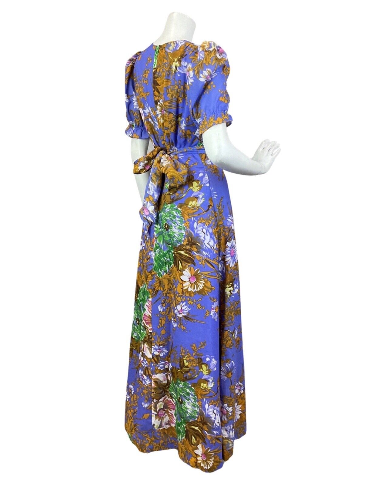 VINTAGE 60s 70s PURPLE GOLD GREEN FLORAL PUFF SLEEVE SUMMER MAXI DRESS 8 10