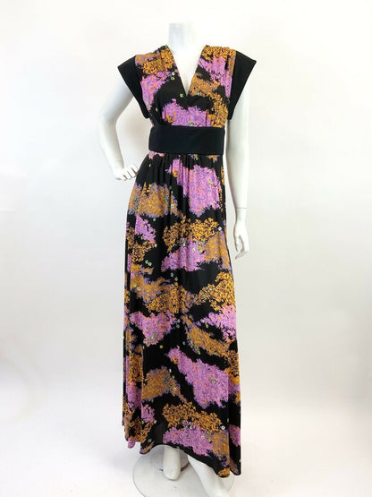 VINTAGE 60s 70s BLACK YELLOW PURPLE FLORAL PSYCHEDELIC MAXI DRESS 8 10