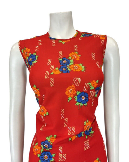 VINTAGE 60s 70s PILLARBOX RED BLUE FLORAL MOD SLEEVELESS SHORT DRESS 10 12