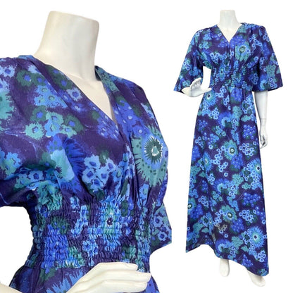 VINTAGE 60s 70s BLUE PSYCHEDELIC FLORAL SHIRRED BOHO MAXI DRESS 8