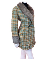 VINTAGE 60s 70s GREEN YELLOW WHITE PLAID CHECKED FAUX FUR MOD WOOL COAT 16 18