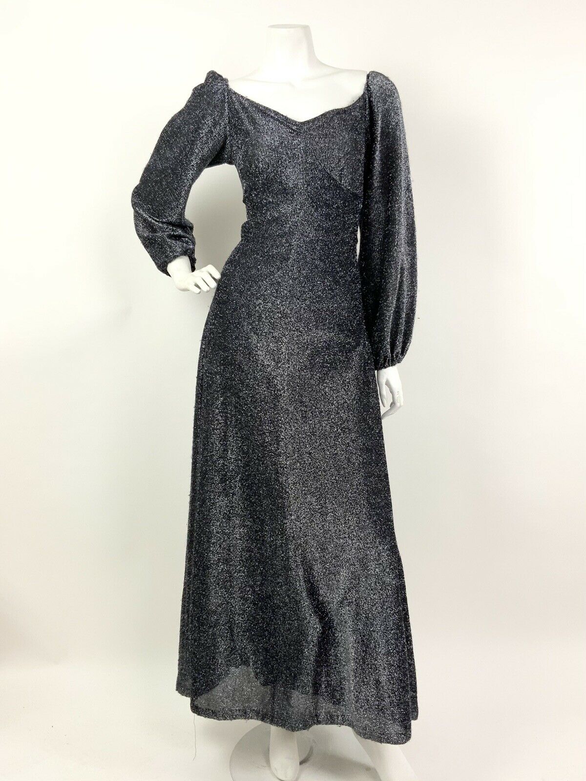 VTG 60s 70s BLACK SILVER GLITTER LUREX SWEETHEART DISCO GLAM MAXI DRESS 10