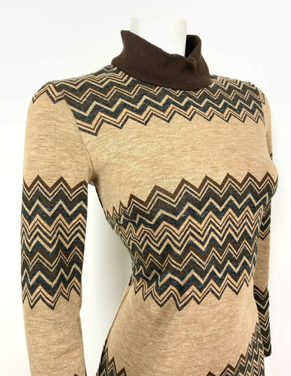 VINTAGE 60s 70s BROWN BLACK CHEVRON TURTLENECK BOHO JUMPER DRESS 8 10