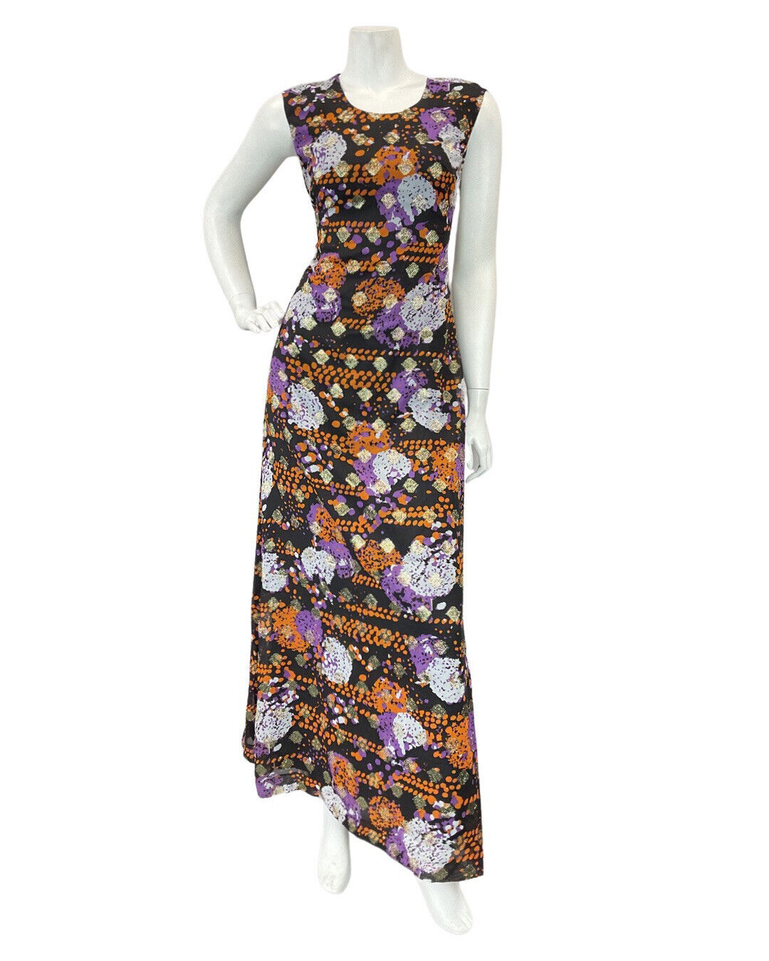 VINTAGE 60s 70s PURPLE ORANGE BLACK PSYCHEDELIC ABSTRACT PARTY MAXI DRESS 10 12