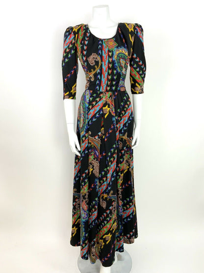 VINTAGE 60s 70s PAISLEY PSYCHEDELIC BLACK YELLOW BLUE RED GREEN  MAXI DRESS 8