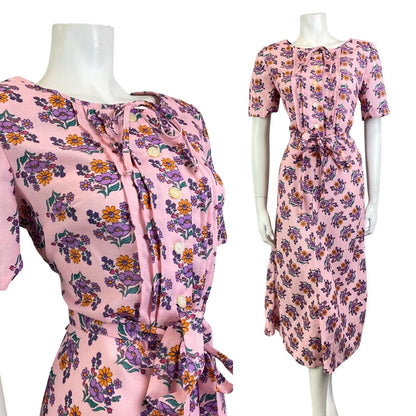 VINTAGE 60s 70s PINK PURPLE FLORAL BOUQUET BELTED SUMMER MIDI DRESS 12 14