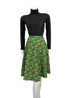 VINTAGE 60s 70s GREEN RED YELLOW CHERRY FLOWER PRINT A-LINE MOD SKIRT