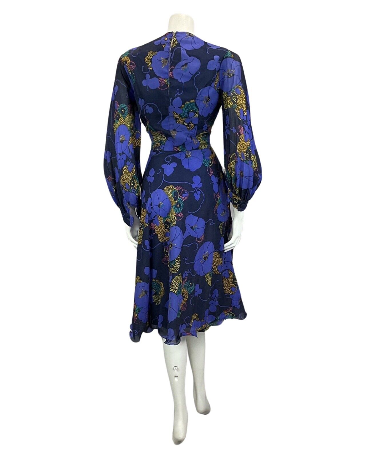 VINTAGE 60s 70s BLUE NAVY GOLD FLORAL PRINT FLOATY BOHO DISCO MOD DRESS 8