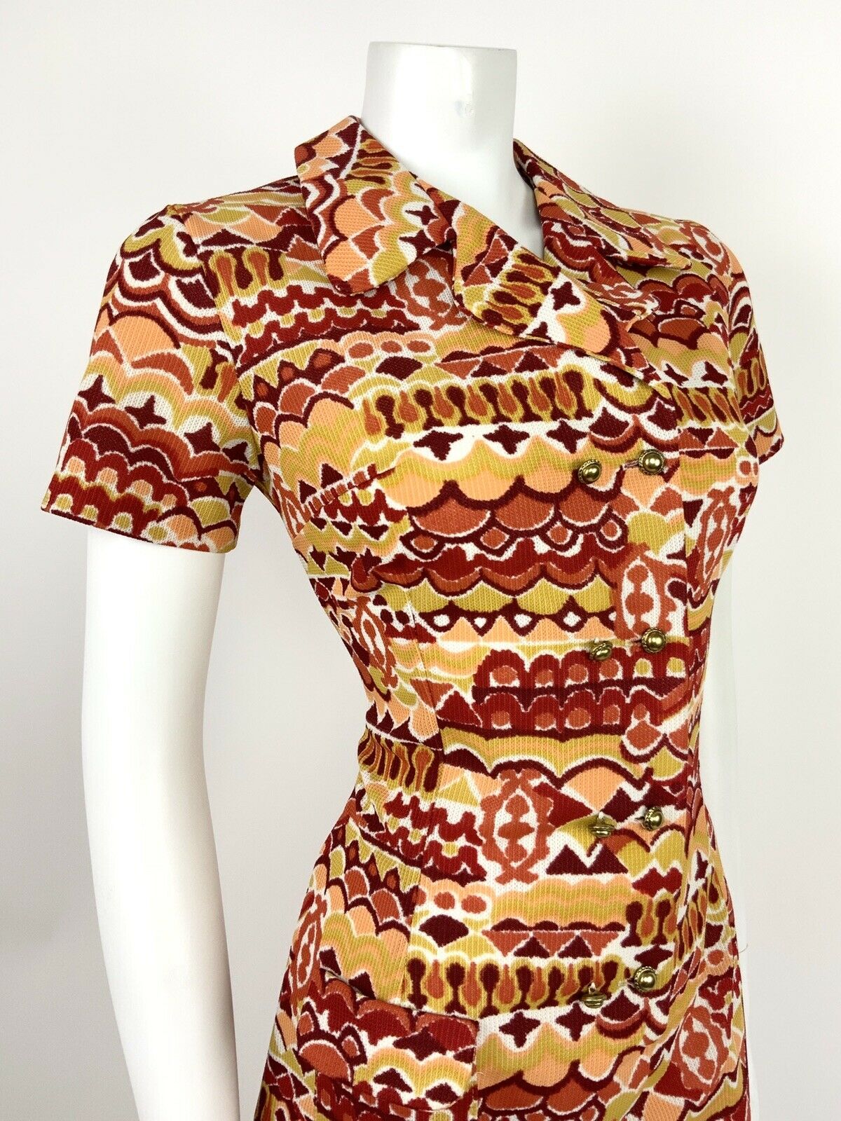 VINTAGE 60s 70s RED ORANGE YELLOW WHITE GOLD ABSTRACT PSYCHEDELIC SHIRT DRESS 12