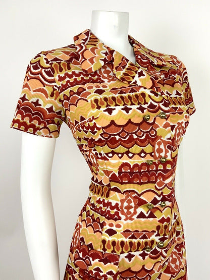 VINTAGE 60s 70s RED ORANGE YELLOW WHITE GOLD ABSTRACT PSYCHEDELIC SHIRT DRESS 12