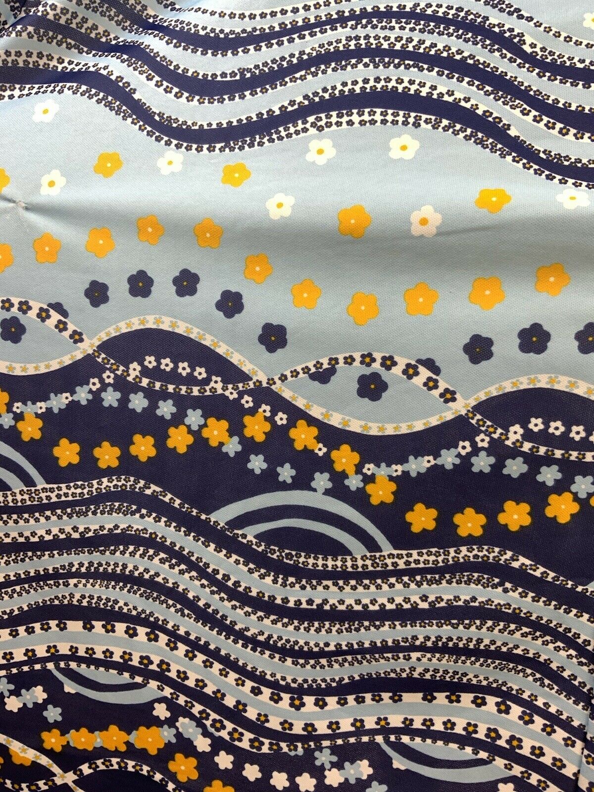 VTG 60s 70s BABY BLUE NAVY WHITE YELLOW WAVY DAISY FLORAL MOD MAXI DRESS 12 14