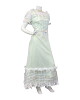 VINTAGE 60s 70s PISTACHIO GREEN WHITE RUFFLED ROSE SHEER PRAIRIE MAXI DRESS 8