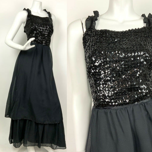 VINTAGE 60s 70s BLACK SEQUIN RUFFLE PARTY STUDIO 54 TIERED SHEER MAXI DRESS 12