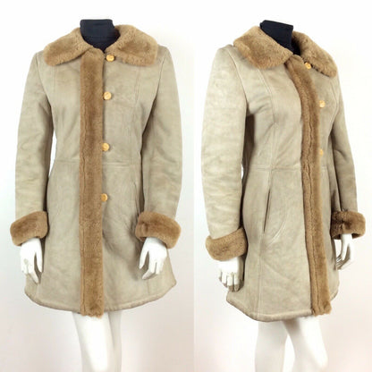 GENUINE VINTAGE 70s SHEARLING SHEEPSKIN CREAM BEIGE COAT FUR TRIM 12 14 16