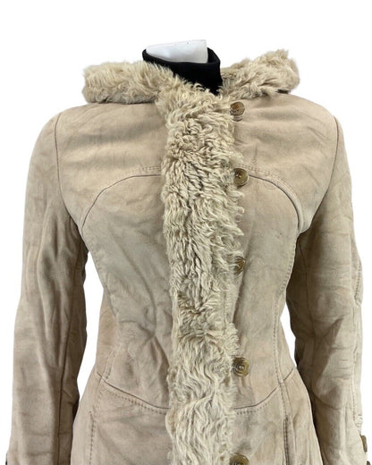 VINTAGE 60s 70s CREAM HOODED BOHO MOD SUEDE LEATHER PRINCESS SHEARLING COAT 10